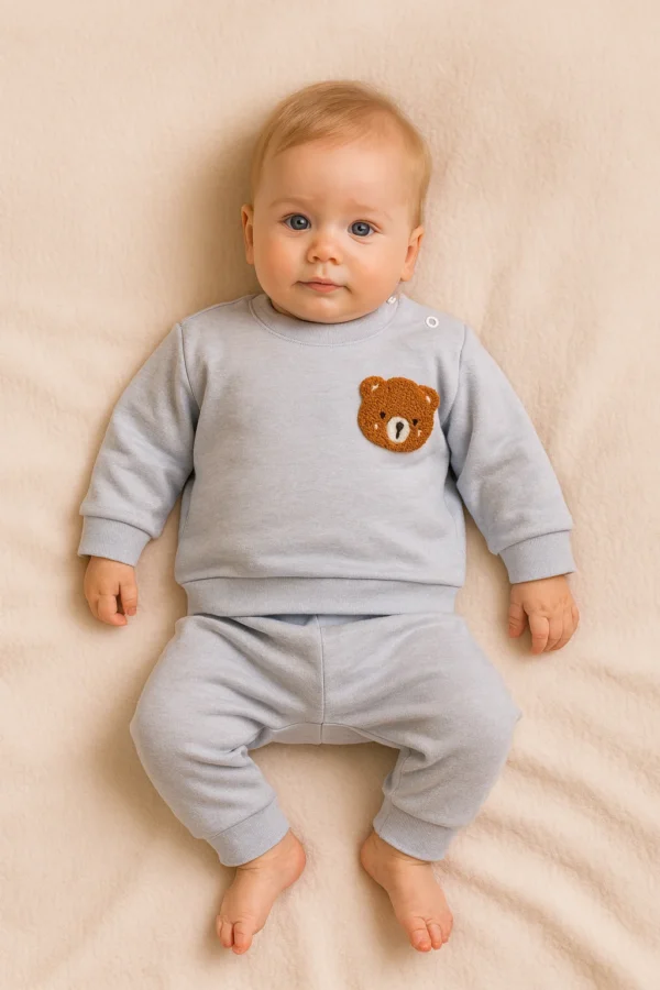 Organik Pamuk Ayıcık Detaylı Mavi Bebek Alt-Üst Takım / Bebek İkili Takım