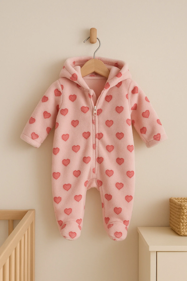 PREMIUM KIZ BEBEK KALP DESENLİ PELUŞ TULUM - Görsel 2
