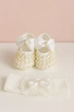 Premıum Kız Bebek Fiyonk Detaylı Parlak Incili Patik Bandana Set - Hediyelik Patik Lüx Cırtcıtlı 0-6 ay - Görsel 3