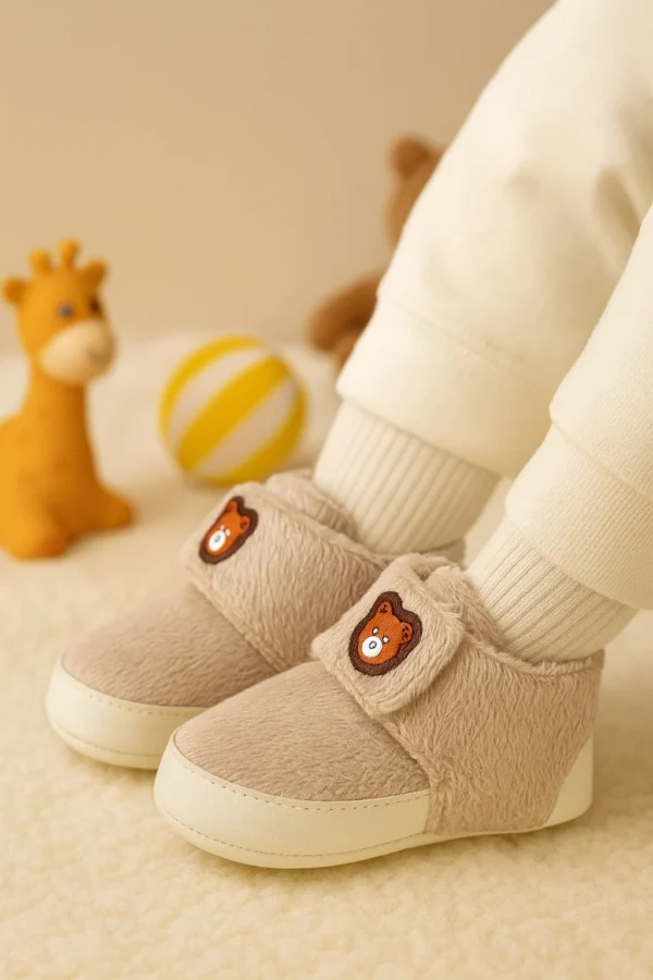 Premıum Peluş Ayıcık Detaylı Yumuşak Taban Unısex Bebek Ayakkabı-Bebek patik