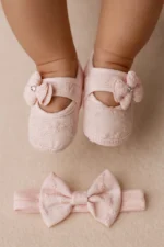 Premıum Pembe Dantel detaylı Bebek Patik-Bandana set  0-6 ay
