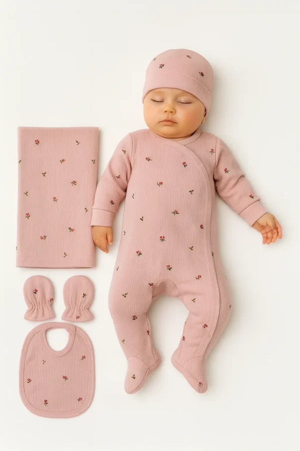 5’li Çiçek desenli Bebek Hastane Çıkışı Seti (Battaniyeli) – %100 Organik Pamuk