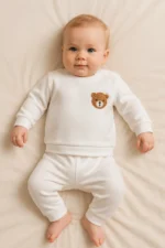 Organik Pamuk Ayıcık Detaylı Beyaz Bebek Alt-Üst Takım / Bebek İkili Takım