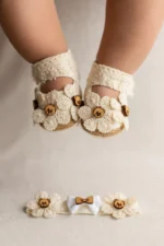 Ayıcık Detaylı Kız Bebek Bant Patik Set