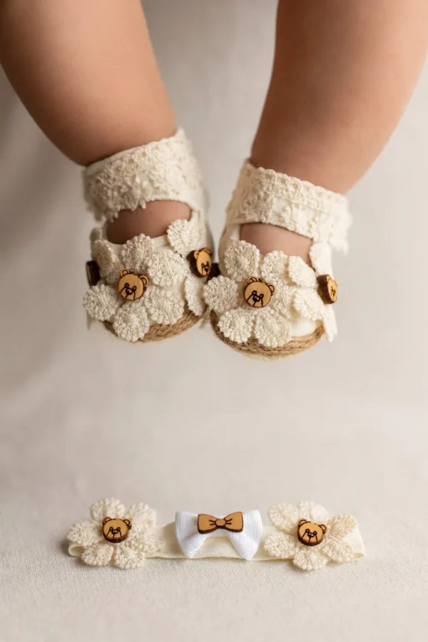 Ayıcık Detaylı Kız Bebek Bant Patik Set