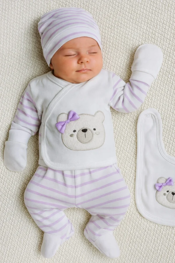 5’li Organik Pamuk Bebek Zıbın Seti Kutulu Lila– Ayıcık Nakışlı/Hastane çıkışı/Bebek hediyelik