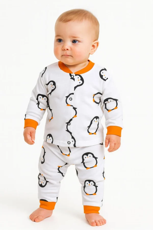 Organik Penguen Desenli Erkek Çocuk Pijama Takımı / Erkek bebek hediyelik