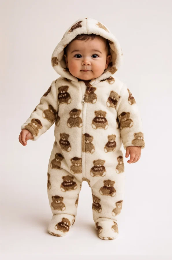 Ayıcık Kapüşonlu Peluş Bebek Tulum