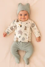 Organik Pamuk Bebek 3’lü Soft Jungle Takım – Üst + Patikli Alt + Kulaklı Bere (0-6 Ay) - Görsel 3