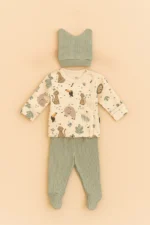 Organik Pamuk Bebek 3’lü Soft Jungle Takım – Üst + Patikli Alt + Kulaklı Bere (0-6 Ay) - Görsel 2