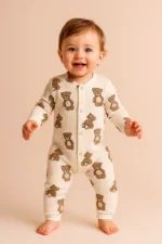 Organik Pamuk Ultra Soft Ayıcık Desenli Çıtçıtlı Bebek Tulum 0-3 Ay