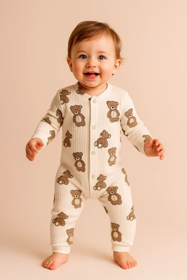 Organik Pamuk Ultra Soft Ayıcık Desenli Çıtçıtlı Bebek Tulum 0-3 Ay
