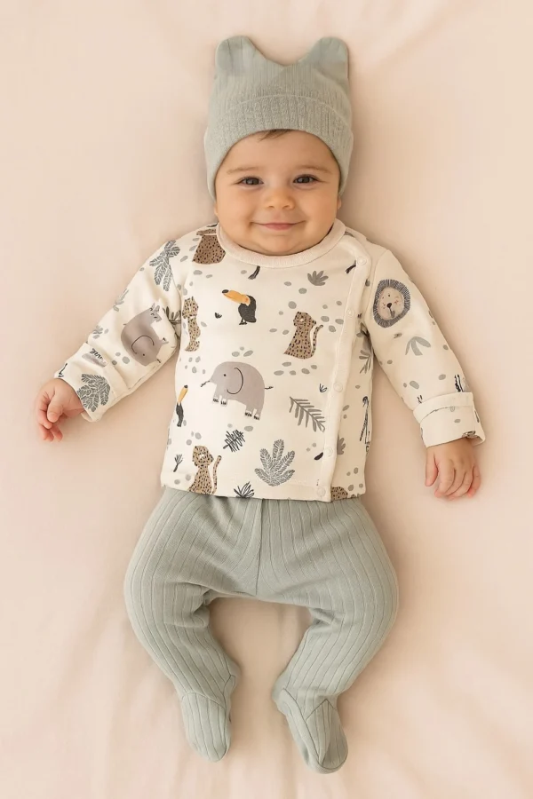 Organik Pamuk Bebek 3’lü Soft Jungle Takım – Üst + Patikli Alt + Kulaklı Bere (0-6 Ay)