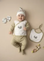 %100 Pamuk Panda Desenli 5’li 0-3 Ay Hastane Çıkışı Seti – Erkek Bebek (KUTULU)