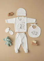 %100 Pamuk Animal Desenli 5’li 0-3 Ay Hastane Çıkışı Seti – Unisex (KUTULU) - Görsel 4
