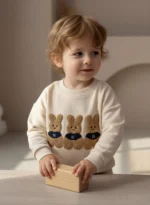 Organik Pamuk Bunny Nakış Erkek Bebek 2’li Takım – Bej Sweatshirt & Desenli Eşofman Altı - Görsel 5