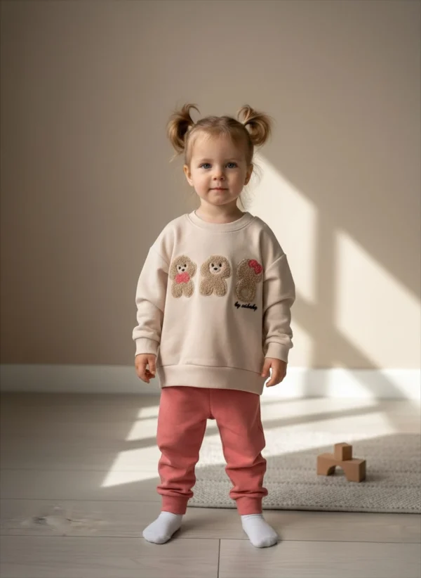Organik Pamuklu Doggy Nakış Kız Çocuk 2’li Takım – Bej Sweatshirt & Gül Kurusu Eşofman Altı