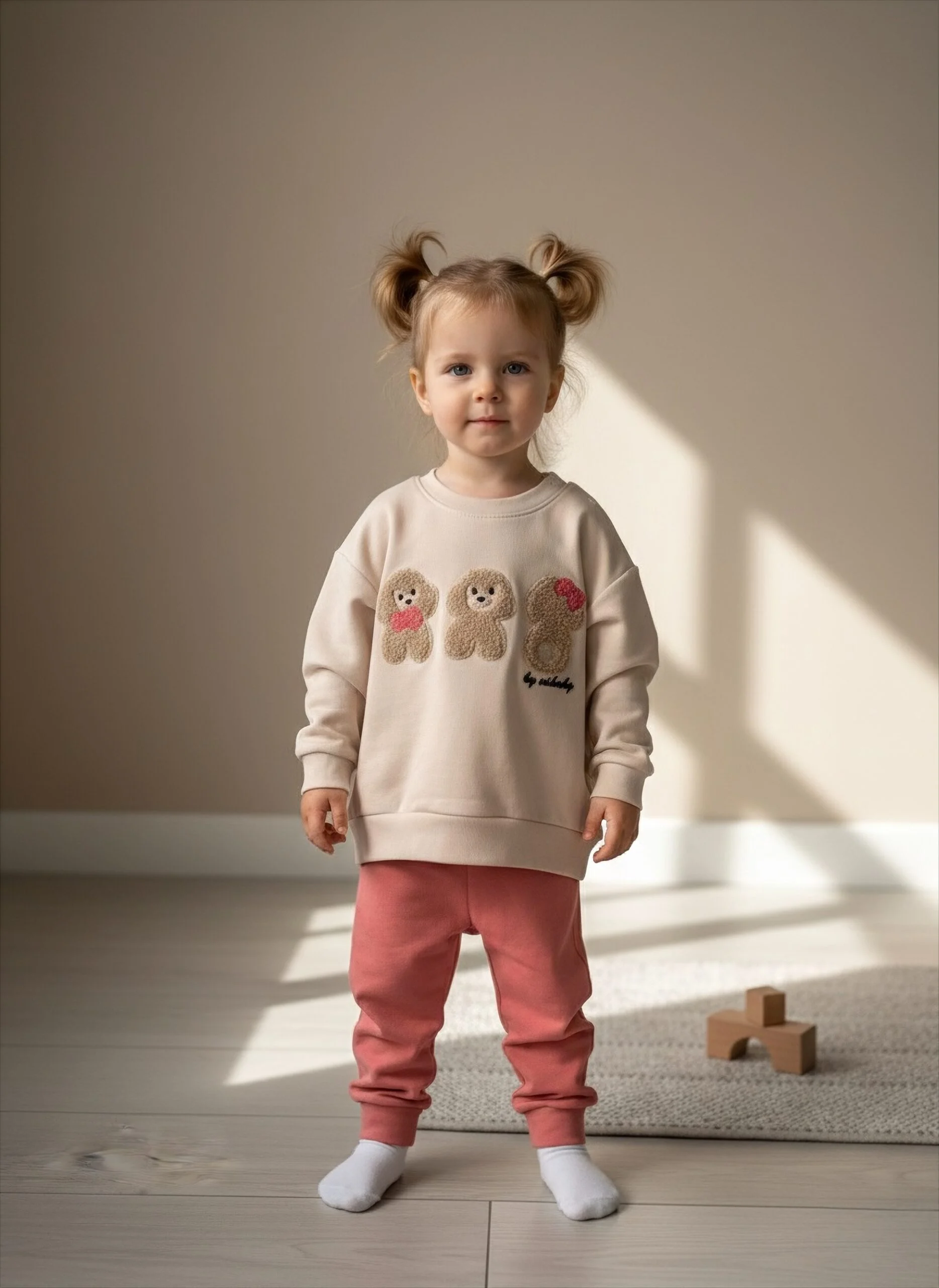 IMG_2395 Organik Pamuklu Doggy Nakış Kız Çocuk 2’li Takım – Bej Sweatshirt & Gül Kurusu Eşofman Altı - Görsel 1