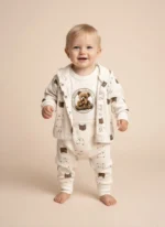 Premıum 3’lü Organik Ribana Ayıcık Baskılı Bebek Takımı (Hırka + Çıtçıt Body + Pantolon)