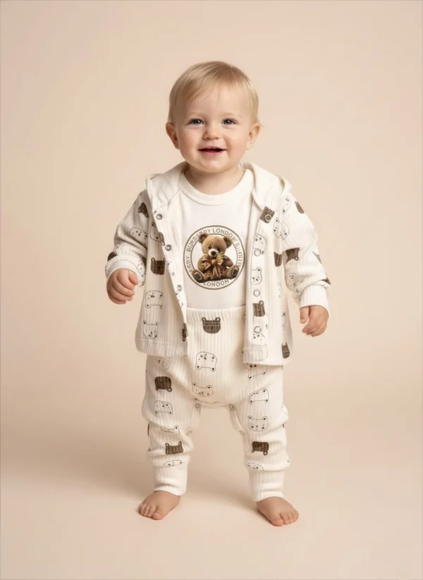 Premıum 3’lü Organik Ribana Ayıcık Baskılı Bebek Takımı (Hırka + Çıtçıt Body + Pantolon)