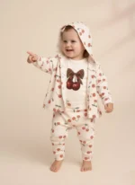 Premıum 3’lü Kiraz Desenli Organik Ribana Bebek Takımı (Hırka +Çıtçıt Body + Pantolon)