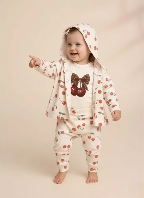 Premıum 3’lü Kiraz Desenli Organik Ribana Bebek Takımı (Hırka +Çıtçıt Body + Pantolon)