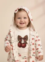 Premıum 3’lü Kiraz Desenli Organik Ribana Bebek Takımı (Hırka +Çıtçıt Body + Pantolon) - Görsel 3