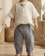 Organik Pamuk  Lacivert -Ekru Erkek Bebek Oversize Müslin Takım – Nefes Alan Yazlık - Görsel 3