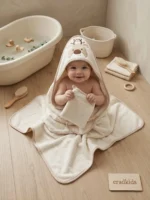 Organik Pamuk Kapüşonlu Bebek Havlu & Kese Seti Geyik Nakışlı 0-2 Yaş