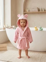 Organik Pamuk Animal Kapüşonlu Bebek Bornozu Pembe 0-1 yaş / Premıum seri