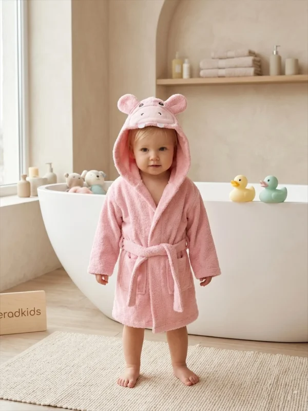 Organik Pamuk Animal Kapüşonlu Bebek Bornozu Pembe 0-1 yaş / Premıum seri