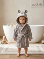Organik Pamuk Animal Kapüşonlu Bebek Bornozu Gri 0-1 yaş / Premıum seri