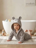 Organik Pamuk Animal Kapüşonlu Bebek Bornozu Gri 0-1 yaş / Premıum seri - Görsel 2