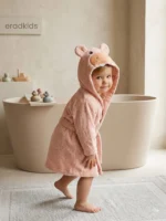 Organik Pamuk Animal Kapüşonlu Bebek Bornozu Somon Rengi 0-1 yaş / Premıum seri (Kopya)