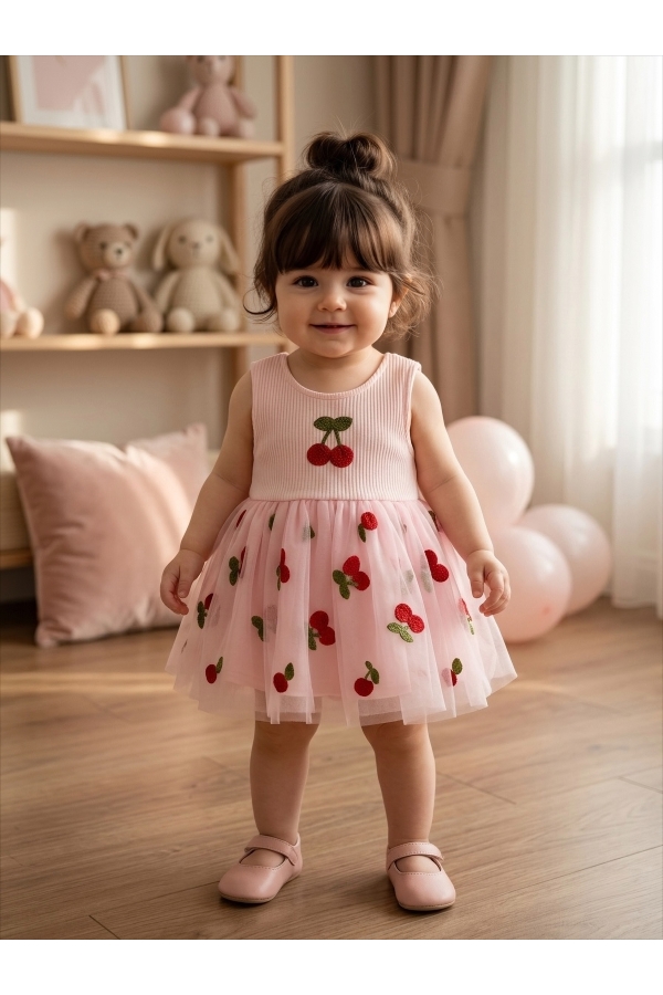 Organik Pamuk Pembe Kiraz Nakışlı Tül Detaylı Premium Kız Bebek Zıbın Elbise