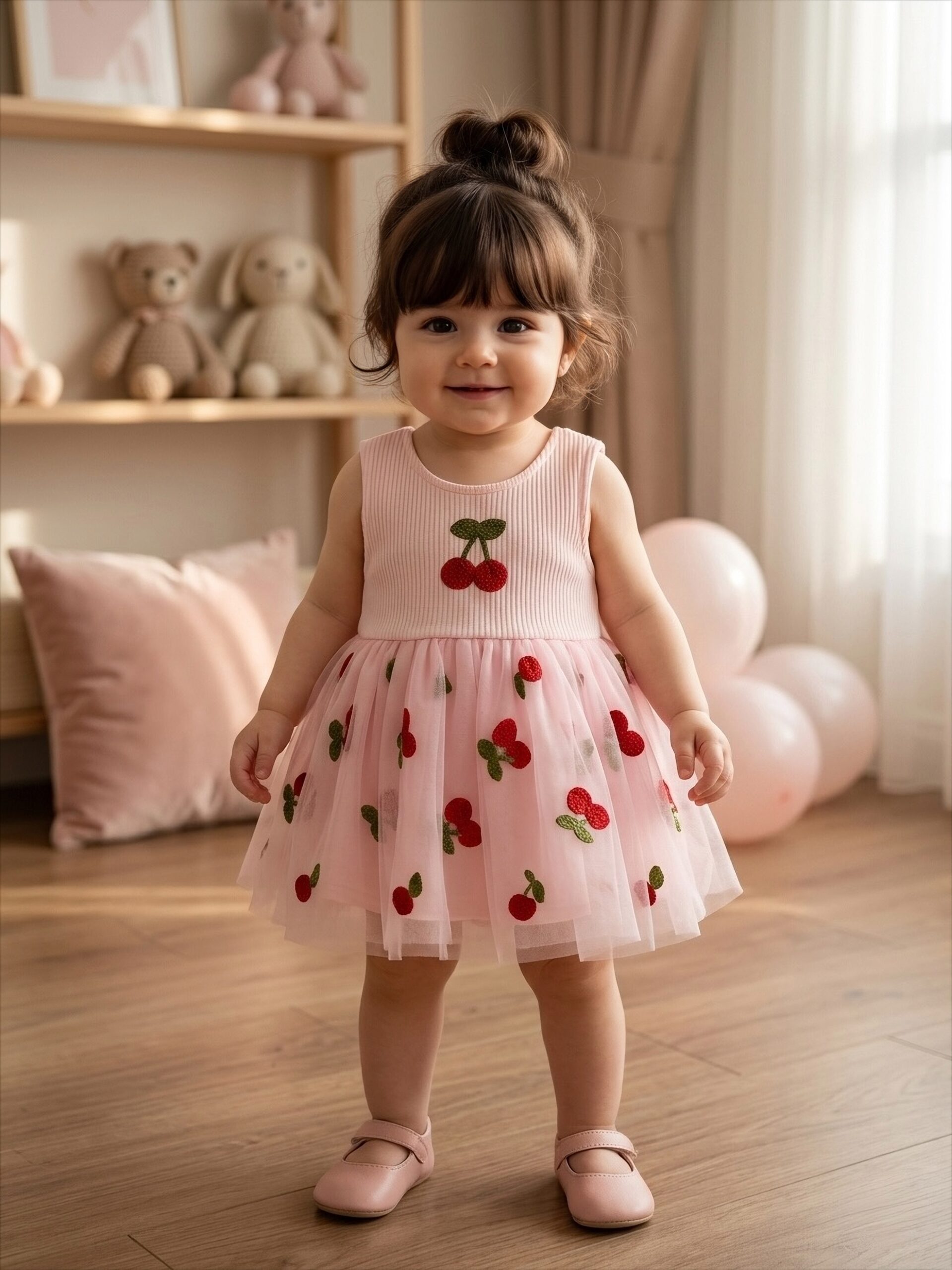 IMG_6634 Organik Pamuk Pembe Kiraz Nakışlı Tül Detaylı Premium Kız Bebek Zıbın Elbise - Görsel 1
